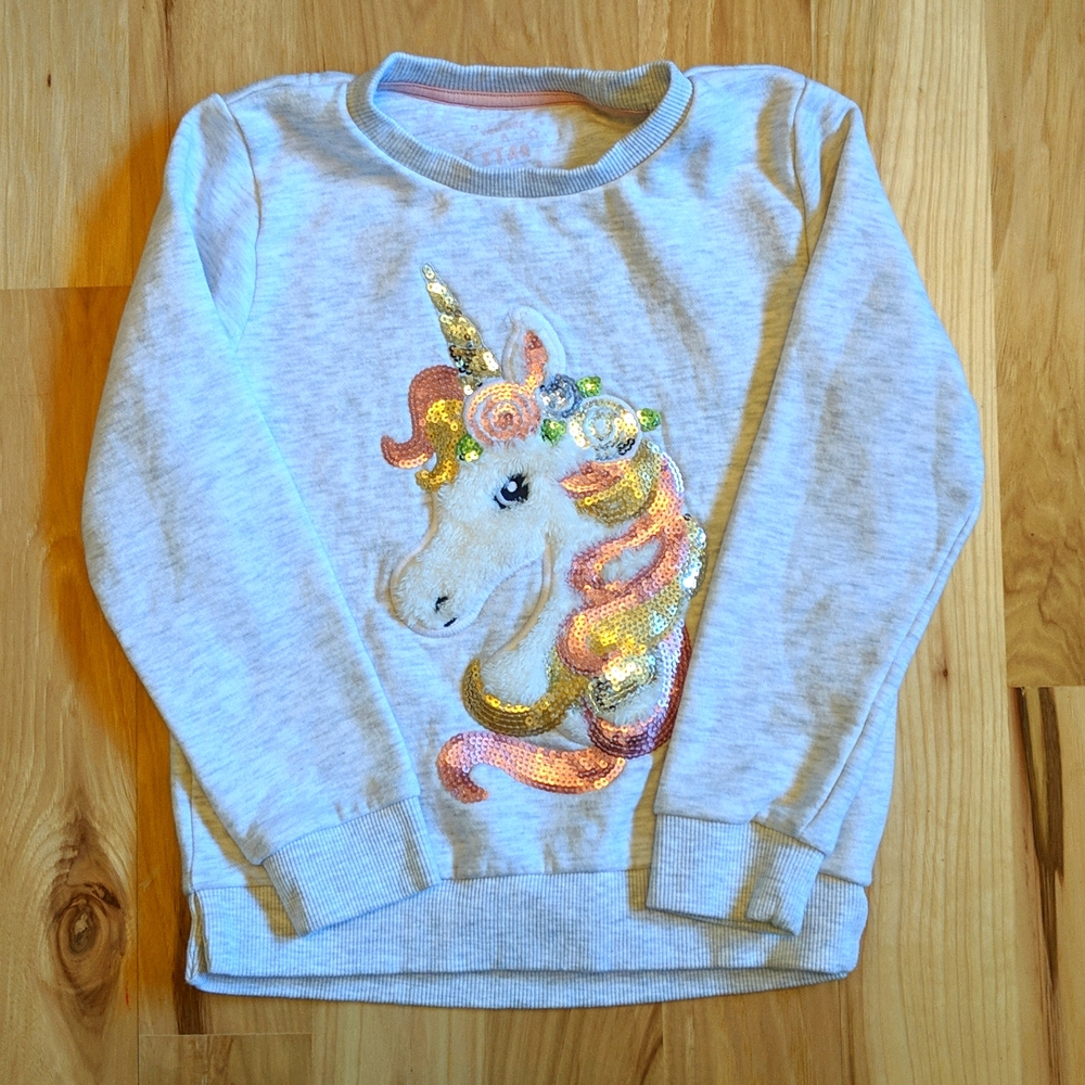 F & F Girls Heather Grey & Sparkly Gold, Pink, & Purple Unicorn Sweatshirt 6x